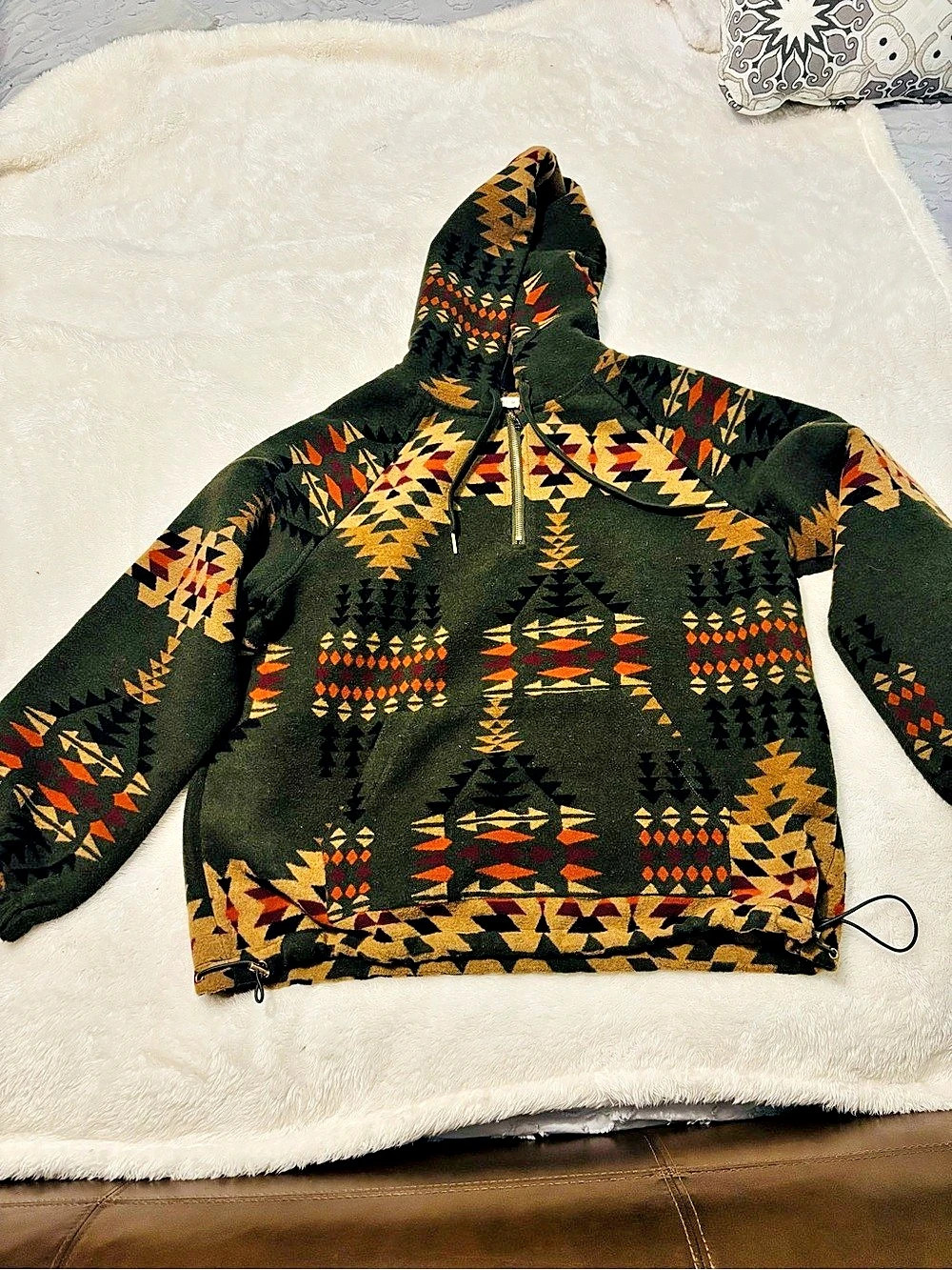 KORI Aztec Print Fleece Quarter Zip Hoodie in Green & Orange